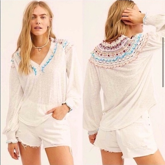 Free People Siesta Fiesta Crochet Embroidered White Bohemian Blouse Top Small - Picture 1 of 11